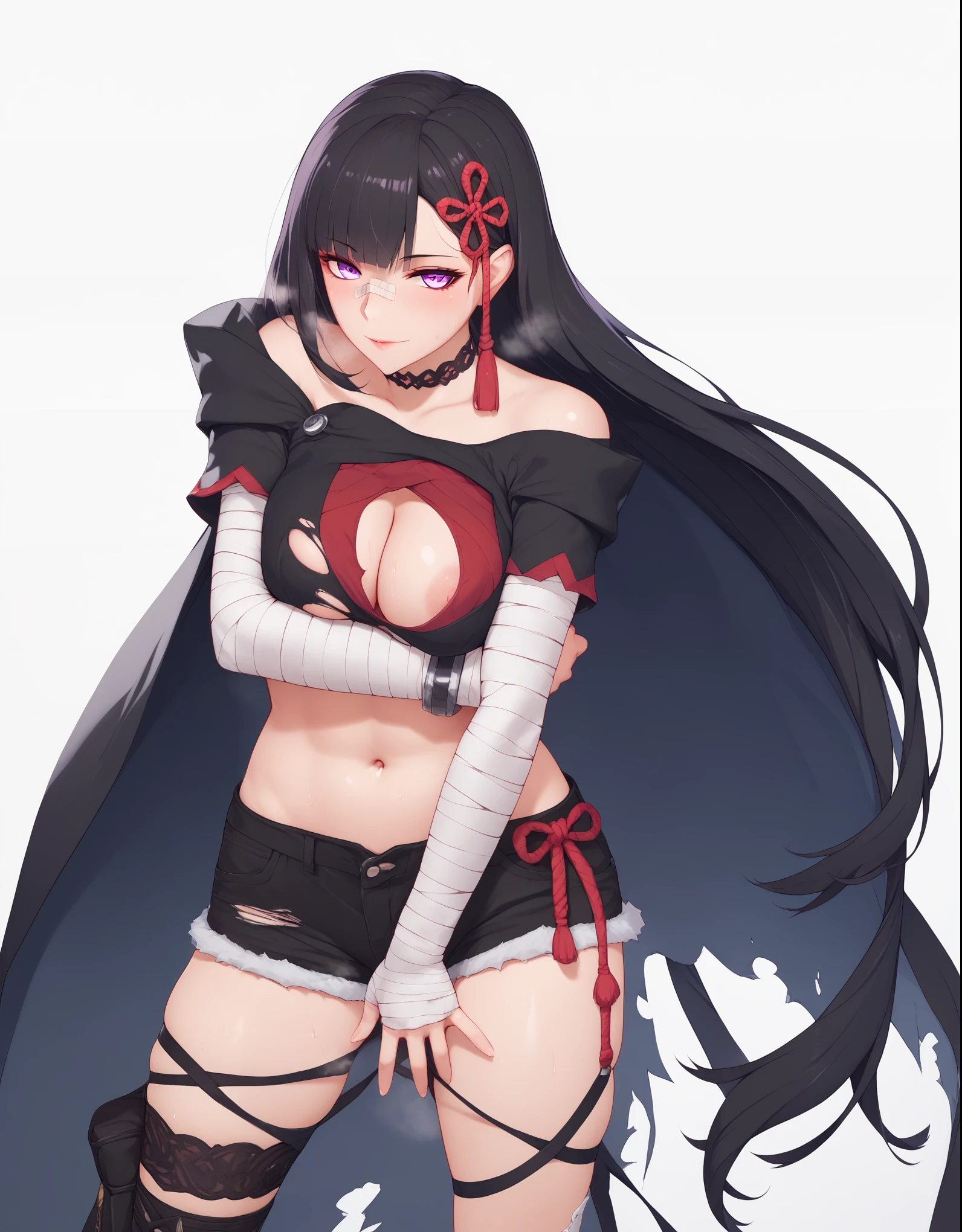 score_9, score_8_up, score_7_up, score_6_up, uncensored, YamashiroRen, black hair, long hair, blunt bangs, hair ornament, purple eyes, naughty face, shiny skin, sweating, steaming body, heavy breathing, BREAK (masterpiece:1.2), best quality, high resolution, unity 8k wallpaper, (illustration:0.8), (detailed eyes:1.3), extremely detailed face, perfect lighting, extremely detailed CG, (perfect hands, perfect anatomy), porn, 3d, 1girl, bandages, solo, bandaged_arm, choker, breasts, black_choker, collarbone, torn_clothes, navel, torn_shorts, looking_at_viewer, 