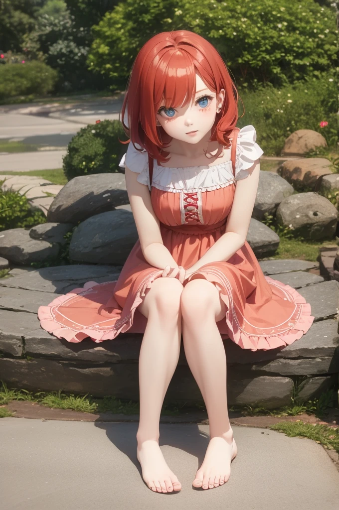 red wavy bob hair, one teen girl, pale skin, blue eyes, short frilled peach color dress, barefoot, in the park, sitting portrait