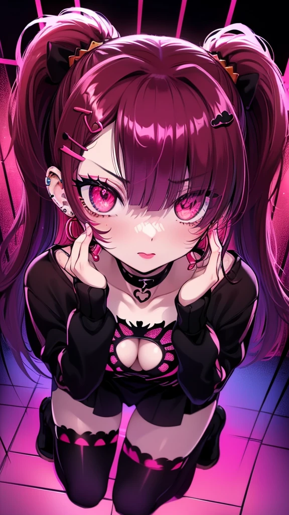 hair above one eye, red eyes, clear eyes, choker, open jacket, towards the wall,shining grafiti, shineing tattoos, shine, neon light, Black light,anime style, movie portrait photography, 1 female, 22 years ago, Full body Esbian,Blue eyes background, big and full breasts, Anger, (scarlet colored hair), long hair, purple eyes, wearing a short black dress, (natural skin texture vivid details, surreal, (realistic detailed eyes, natural skin texture, realistic facial details), soft and dramatic lighting, Depth of written boundary, bokeh, vivid details, surreal, 35mm movie, hazy blur, movie,lipstick, ear piercing, eye shadow, hoop earrings, Red-pink lips, Multicolored red eyes, purple theme,Wear an iridescent aura,beautiful eyes,stand in front of the red gate、bold pose、decide on a pose,upper ponytail,Hanging bangs,sit