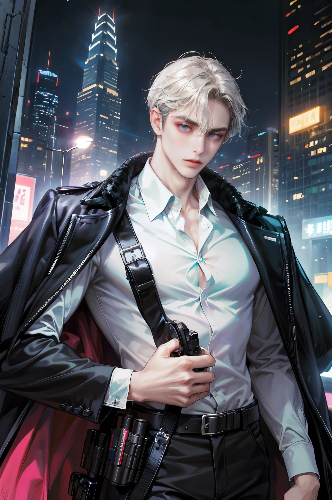 (absurdres, highres, ultra detailed, original character, HDR), 1 british boy, solo, adult, handsome, ((tall muscular guy, broad shoulders)), finely detailed eyes, (black hair), hair between eyes, turquoise eyes, holographic, futuristic, casual outfit, black coat, gun holster, (body tight white shirt), big pecs, ((wearing a black earring)), cowboy shot, dutch angle, face focused, tower walled city scenery, dystopian hong kong city, skyscrapers, Cyan, Magenta, long face, closed mouth, looking at viewer, depth of field, bokeh