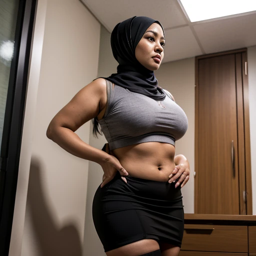 47 years Old, Hijab Indonesian mature woman, Droopiest Gigantic : 76.9, Tight Sport Bra, Mini Skirt, Stockings, (curvy body), Breast about To burst out from her clothes, at doctor office, Dark light, at Nighttime.