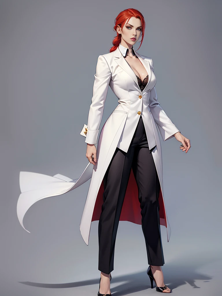 ((best quality)), ((4k)), ((highres)), ((masterpiece:1.2)). ((detailed)), ((ultra realistic)), ((intricate details)), ((full body picture)), ((character design sheet)), ((blank background)), ((standing in a blank background)), solo character, a full body shot of a sexy pale female, inhuman pale skin, ((vampire pale skin))), ((ghostly pale skin)), redhead, ((vivid red hair)), sexy and dangerous, a bit of androgyny, ((a bit of androgyny)), evil smirk on her face, long braided low ponytail, ((long braided low ponytail)), about 30 years old, about 6'0 ft tall, athletic frame, character concept art, female executive, blazer suit, dress pants, work pants, white outfit with black details and gold adornments, ((predominantly white outfit)), ((showing cleavage)), gold office heels, fighting game character concept art, tekken character design, the king of fighters character concept