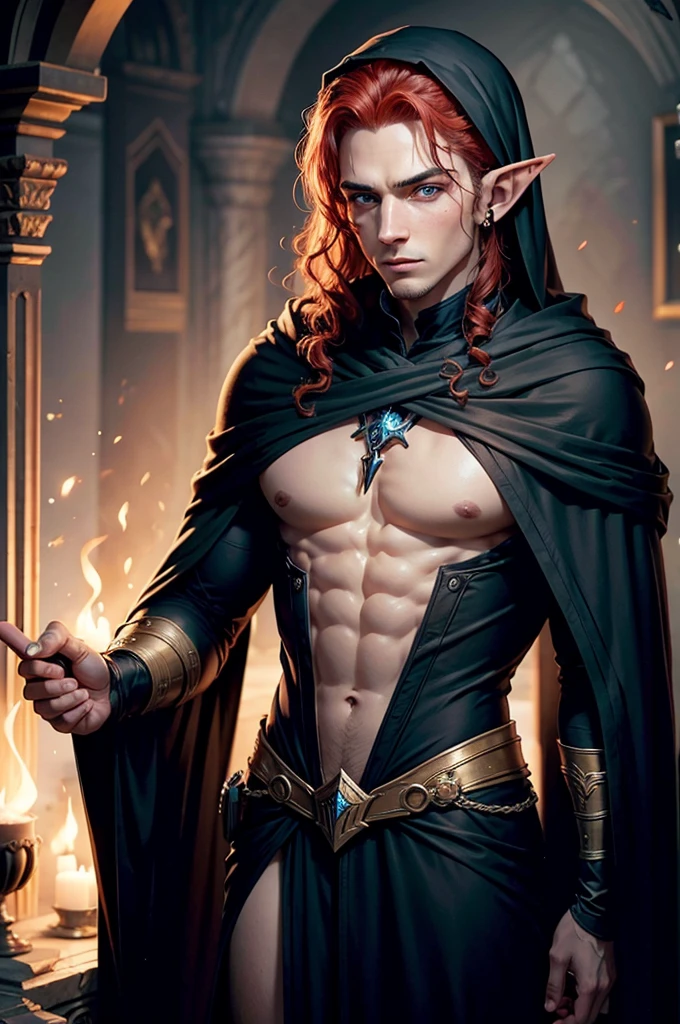 masterpiece, noise suppression, void noise, one male elf, Best quality, permission 8k, male focus, sharp image, just concentrate, stunning composition, volumetric lighting, super quality, Very detailed, fantasy, adult male elf with long red curly hair, Blue eyes, freckles on the face, pale skin, stern look, necromancer magician in a black robe.