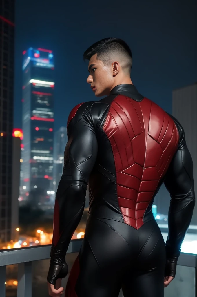 boy, very attractive boy, mexican ethnicity. tan skin, jet black hair, young man, solo, jacked muscle, beautiful musculature, aesthetic striations, inspirational physique, lean muscle, square pecs, beautiful v-taper, great abs and torso, bright bodysuit, standing front, young superhero (young face) ready to fight, top rated pixiv, wears a Bodysuit, very tight bodysuit, chiseled abs, chiseled pecs, with his jet black military haircut and voluminous neck, narrow waist, superhero, white sclera, blue eyes, no horns, brave superhero, human, handsome face, young. City background, skyscraper, futuristic city, night, stars, night lights, skill image, looking to the viewer, hero whose presence inspires trust and respect. (((His hero suit is black and blue.))) (((BACK))) huge and firm muscular thighs, round buttocks and round butt inward with the back, shapely buttocks, firm ass ((firm and shapely buttocks))