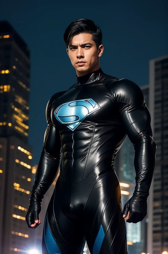 boy, very attractive boy, mexican ethnicity. tan skin, jet black hair, young man, solo, jacked muscle, beautiful musculature, aesthetic striations, inspirational physique, lean muscle, square pecs, beautiful v-taper, great abs and torso, bright bodysuit, standing front, young superhero (young face) ready to fight, top rated pixiv, wears a Bodysuit, very tight bodysuit, chiseled abs, chiseled pecs, with his jet black military haircut and voluminous neck, narrow waist, superhero, white sclera, blue eyes, no horns, brave superhero, human, handsome face, young. City background, skyscraper, futuristic city, night, stars, night lights, skill image, looking to the viewer, hero whose presence inspires trust and respect. (((His hero suit is black and blue.))) (((BACK))) huge and firm muscular thighs, round buttocks and round butt inward with the back, shapely buttocks, firm ass ((firm and shapely buttocks))