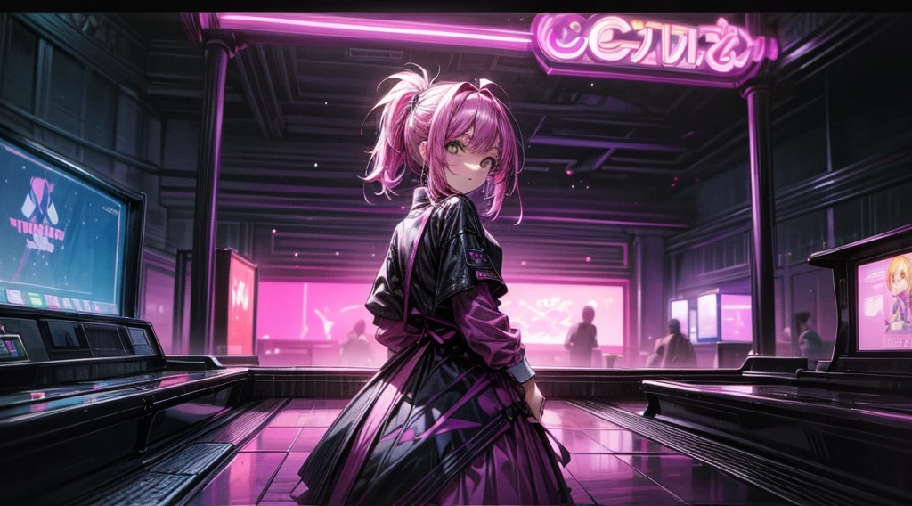 make an arcade, at night with various games and vibrant purple, pink, neon green colors, and there is only one girl alone in the scene playing, she is right in the background of the image with her back anime style