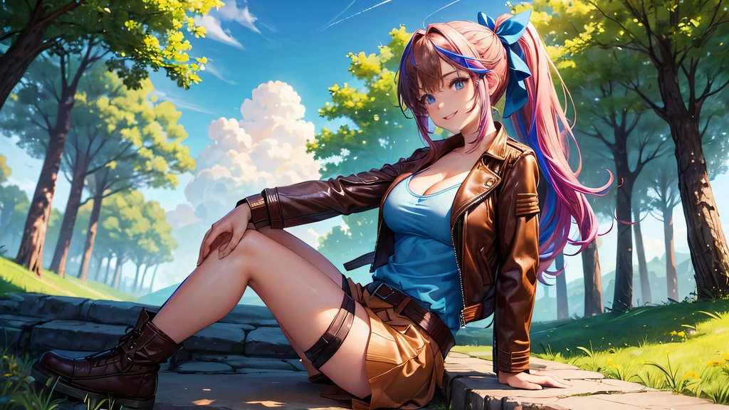 1girl, solo, full body, summer, village, trees, sun, clouds, ((colorful hair)), ponytail, large breasts, ((brown leather jacket)), brown leather shorts, ((blue undervest)), cleavage 1:3, blue eyes, skirt, smile, looking at the viewer, standing, hair ribbon, golden necklate