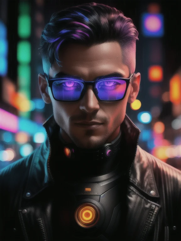 An award-winning masterpiece photograph of a cyborg man with psychedelic colors standing on a city street at night in the rain., Wearing bright neon colored glasses, 8k, (high quality:1.1), (Cinematic feeling:1.1), deep dark shadows, incredibly complex details, until , (close up:1.1), From above, looking at the viewer, (flashes of light:1.1), (chromatic aberration,:1.2) background with floating light untilifacts