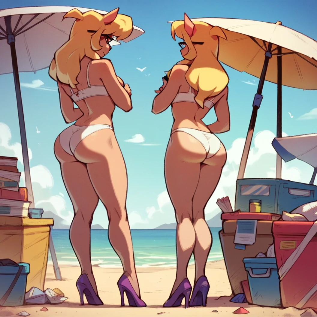 2girls, clones, Callie Briggs, detailed, detailed fur, topless, legs, purple heels, blonde hair, eyes open, beach, glasses, thicc thighs, standing, white panties, white bikini bottom, shaking big butts, no tops