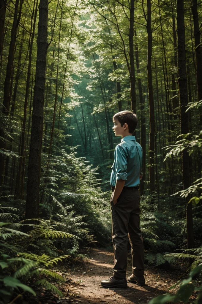 Boy in the forest with a magic fairy