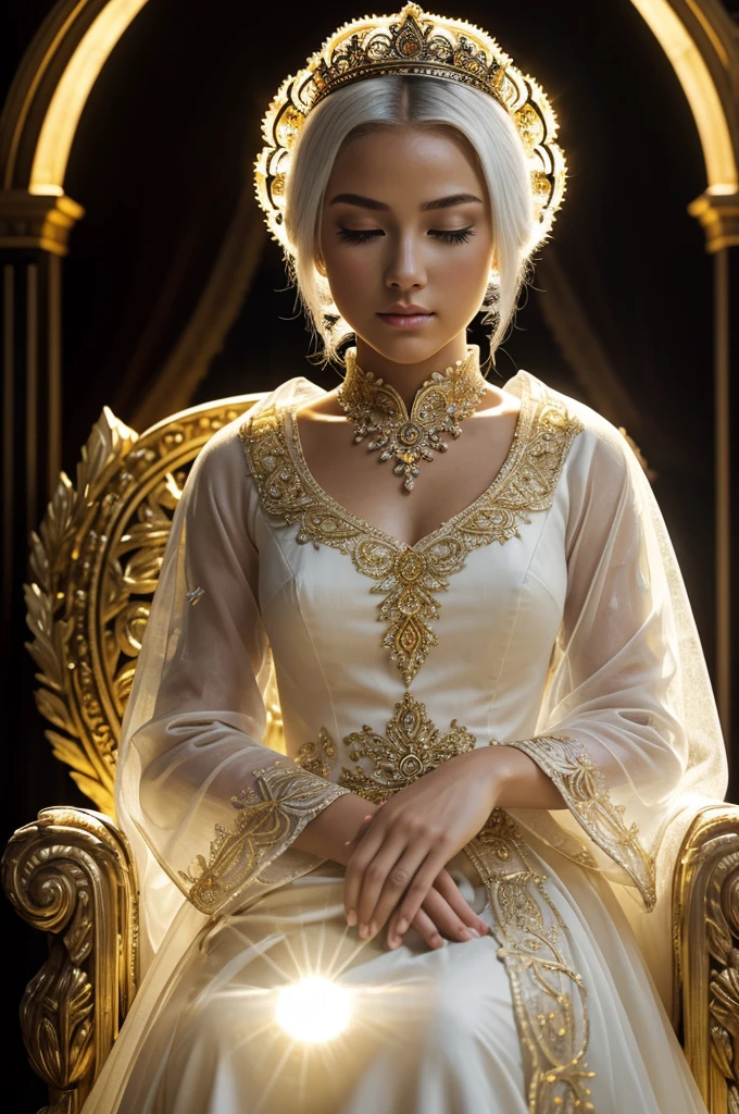 (Masterpiece:1.2), Best Quality, (illustration:1.2), (ultra detailed), hyper details, (delicate detailed), (intricate details), (cinematic light, Best Quality Backlights), clear line, from below, soloist, perfect body, (1 girl), white hair and yellow eyes, (emperor, transparent black clothing), (corona: 1.1), Sitting on the throne, eyes slightly closed, Head down, (shy: 1.2 ), (make up), High contrast, (better lighting, an extremely created and beautiful), (cinematic light), showy,