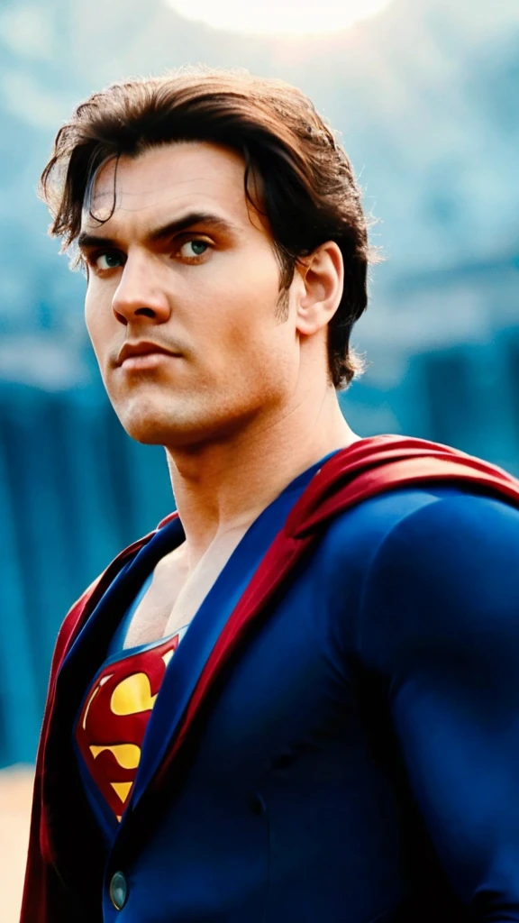 a muscular man with a chiseled jawline, piercing blue eyes, tousled dark hair, wearing a tight blue suit with a red cape, flying high in the sky, fists clenched, the sun shining brightly behind him, cinematic lighting, epic, dramatic, (best quality,4k,8k,highres,masterpiece:1.2),ultra-detailed,(realistic,photorealistic,photo-realistic:1.37),cinematic,heroic,dramatic. superman costumr