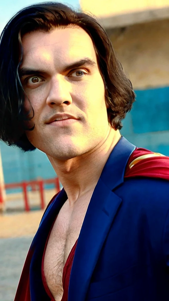 a muscular man with a chiseled jawline, piercing blue eyes, tousled dark hair, wearing a tight blue suit with a red cape, flying high in the sky, fists clenched, the sun shining brightly behind him, cinematic lighting, epic, dramatic, (best quality,4k,8k,highres,masterpiece:1.2),ultra-detailed,(realistic,photorealistic,photo-realistic:1.37),cinematic,heroic,dramatic. superman costumr