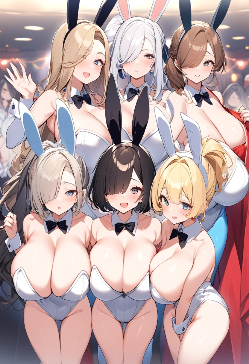 Bust Chart、Inner thighs、(Three Girls、3girls、24-years-old、27 years old、32 years old),blonde、Black Hair、Brown Hair、Bunny girl、White rabbit ears、Wrist cuff、Huge breasts:1.5、Saggy breasts:1.5、Long chest:1.3、Saggy breasts:1.5、Everyone please line up facing forward、(Mature Woman、Mature Woman:1.3)、Cabaret Club、White bunny suit、Black bunny suit、Light blue bunny suit、ponytail、Bobcut、hair over one eye