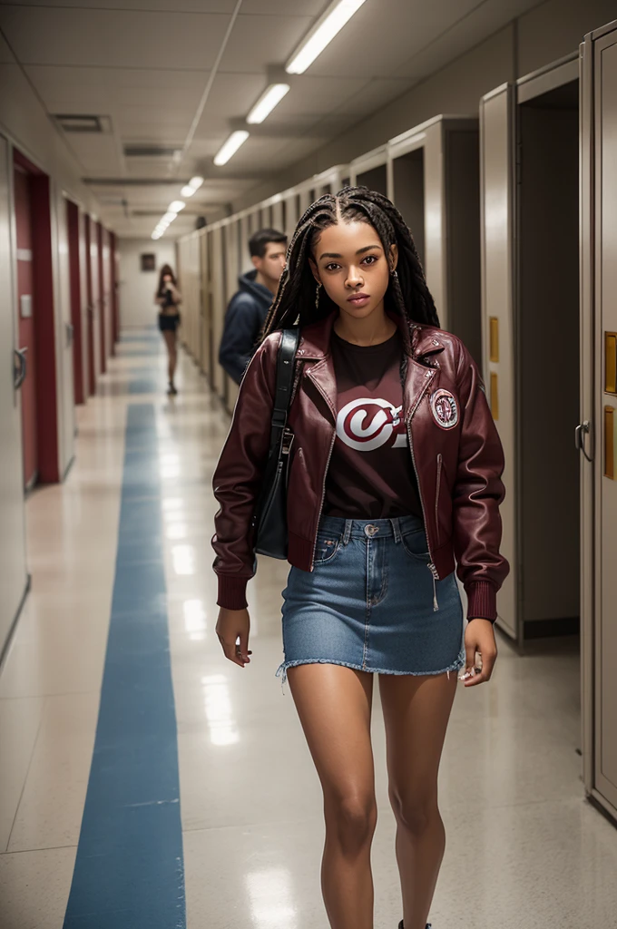 set in a school hallway from the 90s, Art 2d, Style its Cartoon, of GTA V Loading Screen. The hallway has rows of lockers along the walls, with students walking past them. In the foreground, there's a girl leaning against a locker. She is wearing a dark red burgundy jacket with a large "C" written on it, a denim skirt, and has black long hair. Standing in front of her is a white teenager boy with LIGHT SKIN, Brown cornrows braids, also wearing a burgundy jacket.