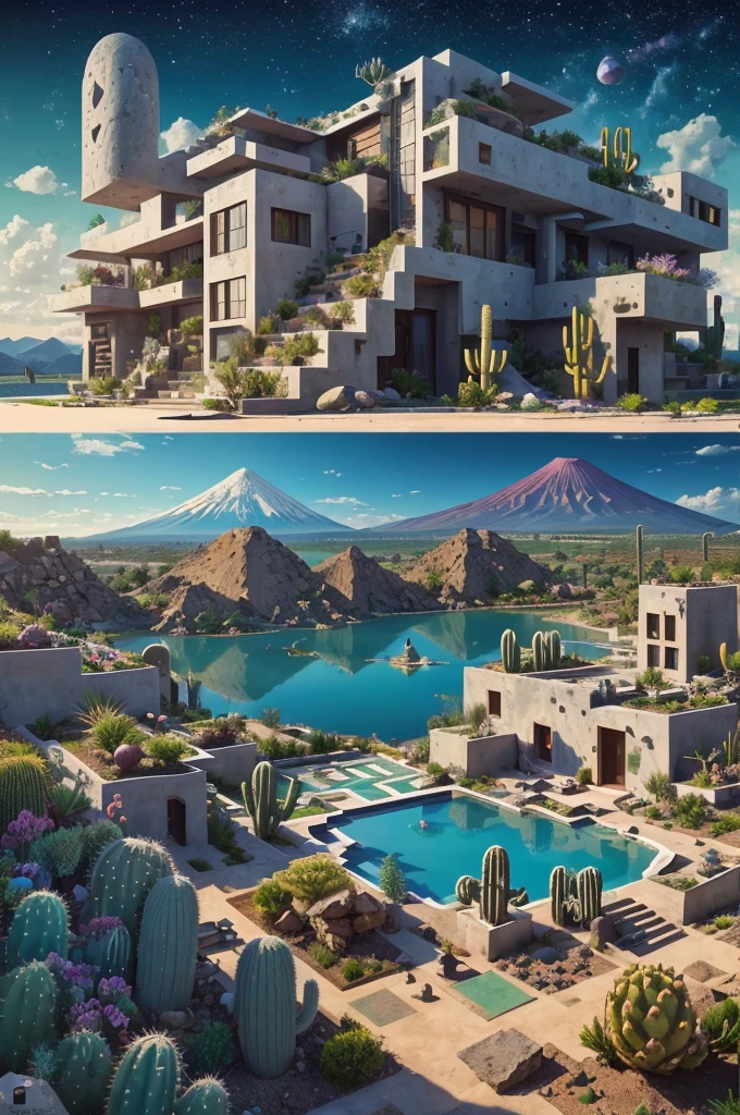 An illustration, collage style, David Hockney visual style, (((Luis Barragán's architectural style houses in middle of a lake))), big boulders, little cascade, mountains, volcanos, volcanic landscape, pool, stairs, beautiful gardens, abundant vegetation, cacti, agave, big clouds, sunset. Magazine cover, serif tipography, editorial design, masterpiece, An illustration in collage style, con rocas gigantes, Brutalist construction sections, escaleras, cactus, agave, textura de concreto, Multiple geometric shapes, hatch and cross hatching, planeta Saturno. ((masterpiece, best quality)),illustration,ultra detailed 8k. (((An illustration of a build designed by Luis Barragán))), with a desertic vegetation garden, (big rocks), ((cacti)), lake, volcano in horizon, smooth clouds, (((illustration collage format))), ((Escher's art style)), (((multiple sections))), (violet, blue, olive green, grey, black and white), hard shadows, (((geometric sculptures))), concrete sculptures, high contrast, dramatic, cinematographic, ((milky way galaxy)), intricate, intricate details, sharp focus,landscape