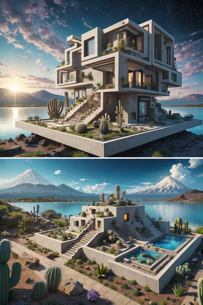 An illustration, collage style, David Hockney visual style, (((Luis Barragán's architectural style houses in middle of a lake))), big boulders, little cascade, mountains, volcanos, volcanic landscape, pool, stairs, beautiful gardens, abundant vegetation, cacti, agave, big clouds, sunset. Magazine cover, serif tipography, editorial design, masterpiece, An illustration in collage style, con rocas gigantes, Brutalist construction sections, escaleras, cactus, agave, textura de concreto, Multiple geometric shapes, hatch and cross hatching, planeta Saturno. ((masterpiece, best quality)),illustration,ultra detailed 8k. (((An illustration of a build designed by Luis Barragán))), with a desertic vegetation garden, (big rocks), ((cacti)), lake, volcano in horizon, smooth clouds, (((illustration collage format))), ((Escher's art style)), (((multiple sections))), (violet, blue, olive green, grey, black and white), hard shadows, (((geometric sculptures))), concrete sculptures, high contrast, dramatic, cinematographic, ((milky way galaxy)), intricate, intricate details, sharp focus,landscape