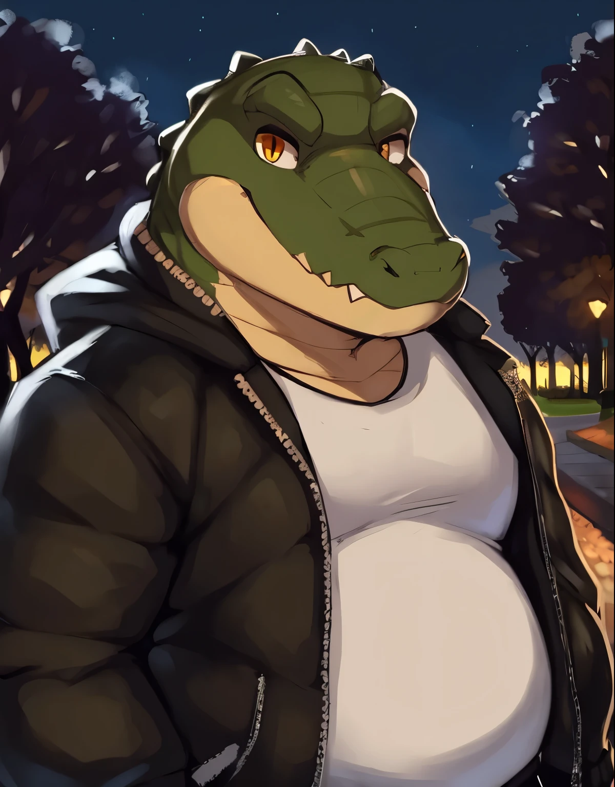 by zackary911, alligator , amber eyes ,clothed, standing, park, manly, looking at viewer, plump ,close up, solo, portrait , casual wear, night, chubby, jacket, smiling