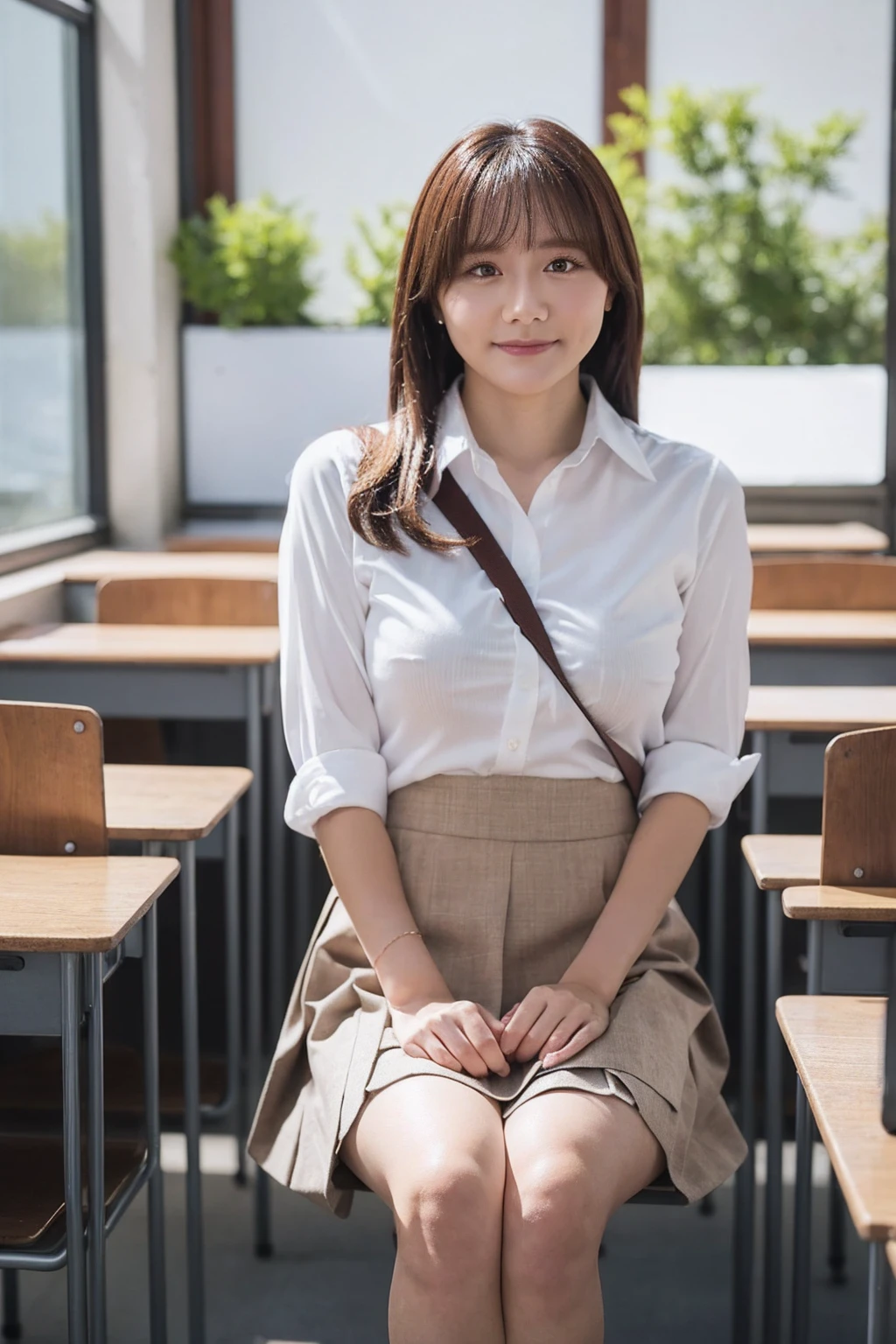  Highest quality, shape, Very detailed, finely, High resolution, 8k wallpaper, 完璧なダイナミックな構shape, Beautiful and exquisite,  Natural Lip, whole body, front,Large Breasts、University classroom、Pleated skirt、(((Looking into the camera)))、Brown Hair、((Shoulder bag)),Business shirts、Thighs