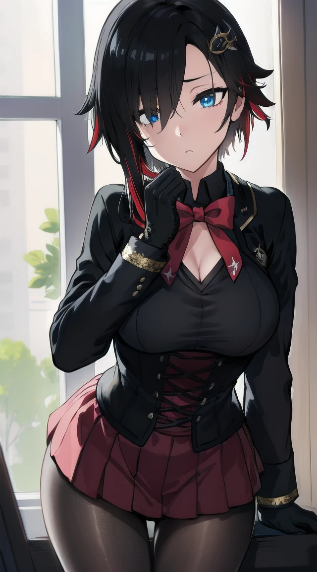 1girl,((black red multicolor hair)),((grey eyes ))
BREAK ((hair ornament, gloves, jewelry, flat breasts,  hair ribbon,  thighs, , ruby rose, black hair, short hair,ruby_rose, boots, pantyhose, hood,  corset
 :1))
BREAK ((blank eyes, academy uniform, mind control,:1.4))
BREAK indoors,
BREAK looking at viewer, 
BREAK (masterpiece:1.2), best quality, high resolution, unity 8k wallpaper, (illustration:0.8), (beautiful detailed eyes:1.6), extremely detailed face, perfect lighting, extremely detailed CG, (perfect hands, perfect anatomy),