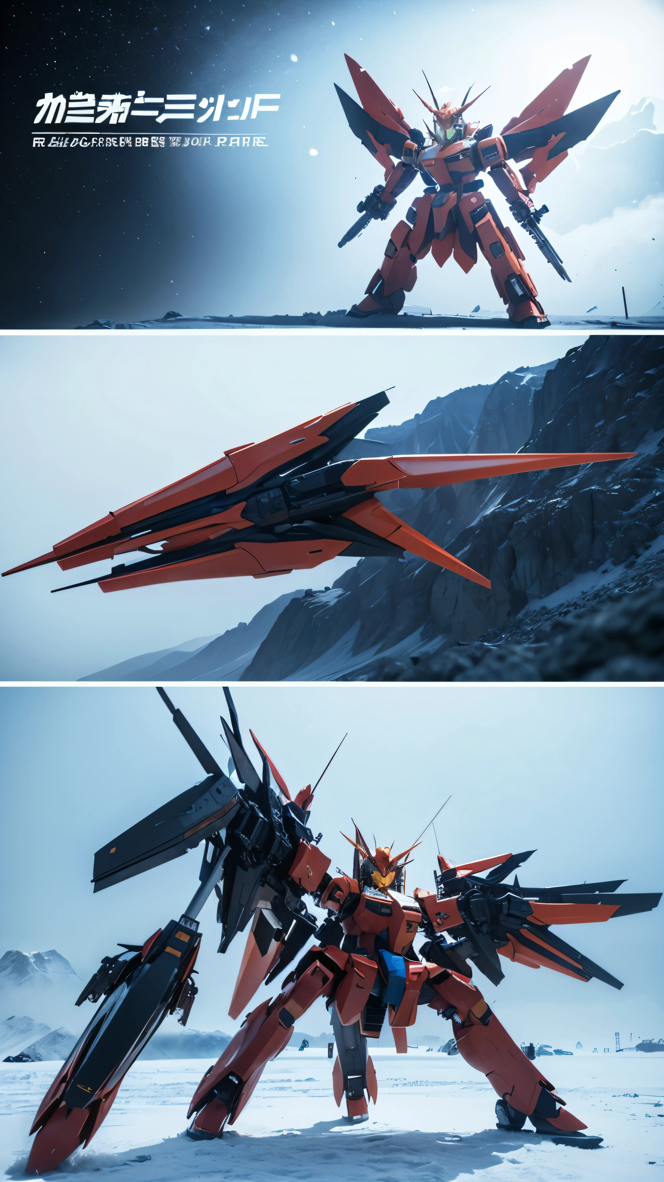 Create a mechanical themed wallpaper，Gundam style，Rich in details，Wearing cold weapons，Color coordination，The original machine，Wings behind，Fighting Stance，3D Model，Three View