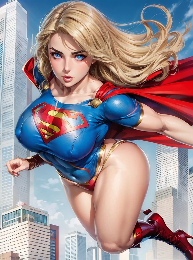 a girl, supergirl, top views, Young Elizabeth Taylor as Supergirl， blond，Long hair，Blue Eyes，Beautiful eyes，Expression，Lively expressions，Detailed facial description，Rich in details，Blue tight camisole，Red s logo on chest, huge breasts,  convexity,  bulges,Huge ass, big legs, plump body,Red triangle thong，High heel boots。Top of a skyscraper，Fly in the air，Rich in details