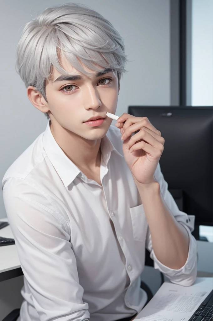Boy perfect face orange eyes gray hair in white stick in office 