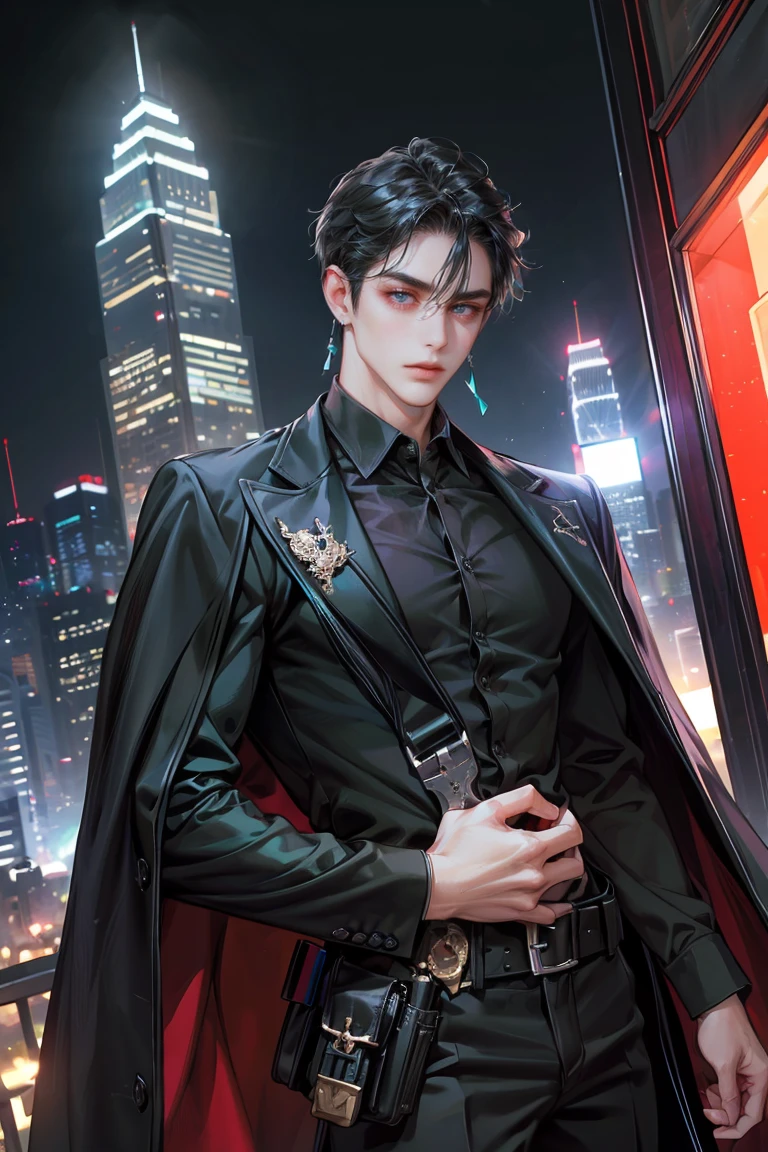 (absurdres, highres, ultra detailed, original character, HDR), 1 british boy, solo, adult, handsome, ((tall muscular guy, broad shoulders)), finely detailed eyes, (black hair), hair between eyes, turquoise eyes, holographic, futuristic, casual outfit, black coat, gun holster, (body tight white shirt), big pecs, ((wearing a black earring)), cowboy shot, dutch angle, face focused, tower walled city scenery, dystopian hong kong city, skyscrapers, Cyan, Magenta, long face, closed mouth, looking at viewer, depth of field, bokeh