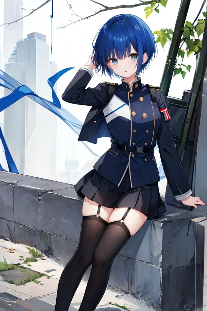 Girl、Black military uniform、Blue hair short、stockings