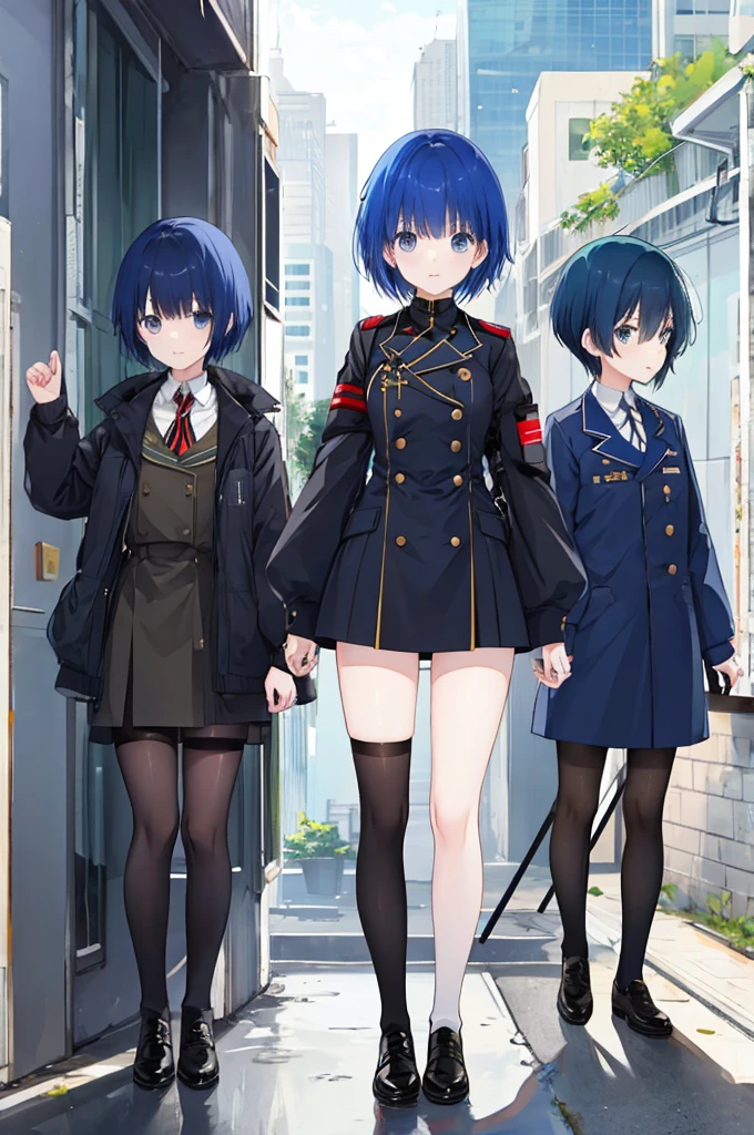 Girl、Black military uniform、Blue hair short、stockings