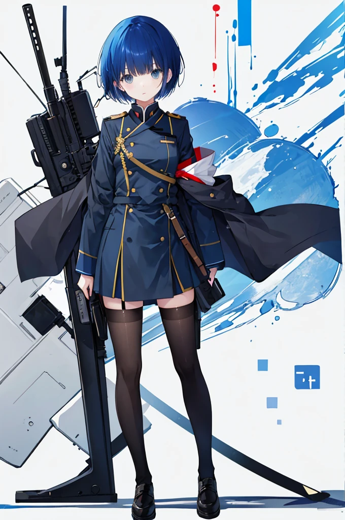 Girl、Black military uniform、Blue hair short、stockings