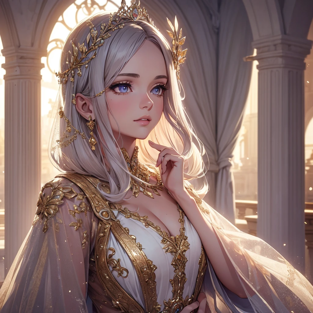 1girl, beautiful detailed eyes, beautiful detailed lips, extremely detailed face, long eyelashes, princess outfit, elegant, modest clothing, shiny eyes, glowing skin, (best quality,4k,8k,highres,masterpiece:1.2),ultra-detailed,(realistic,photorealistic,photo-realistic:1.37),highly detailed portrait, fantasy, intricate details, warm color tones, soft lighting, cinematic composition