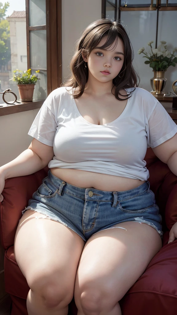 Femme très grosse, assise dans des coussins, Makima, bbwchan, cheveux rouges et yeux jaunes, double menton, elle touche son gros ventre mou et rebondi. Elle porte un short en jean et un haut en dentelle, belle lumière sur elle, magnifique femme obese 