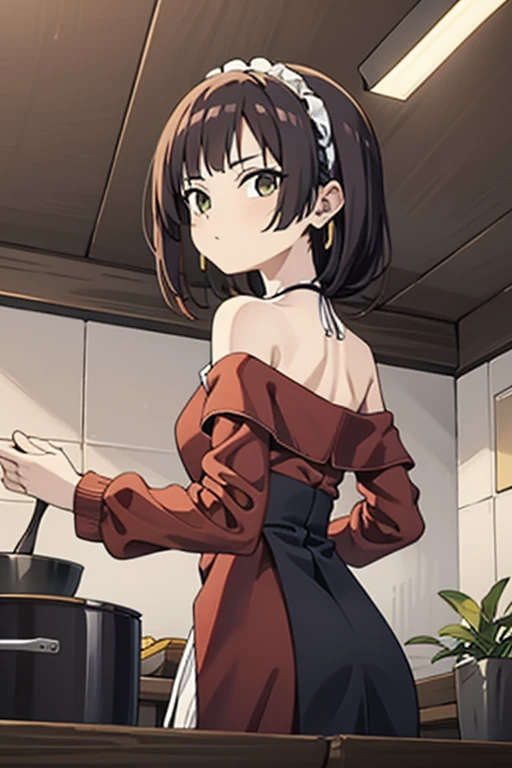 (from below:1.2), (perky chest:1.2), (pointed chest:1.2), 1girl, Bust A Cup, Amazing Cleavage:1.1, thin waist, big ass, Raised sexy, small breast: 1.1 posed cleavage:1.2、solo, looking at viewer, have a cute glass of cute beergrass,black hair, dark green eyes, dress, bare shoulders, jewelry, collarbone, sidelocks, hairband, earrings, indoors, off shoulder, arms behind back, plants, short hair with long locks, gild hairband, off-shoulder dress, sweater dress, off-shoulder sweater, red sweater, dark gord hair, big side hair, very long side hair,is rendered in (masterpiece: 1.2, best quality), with (ultra high resolution) and an exquisite (depth of field). This masterpiece is not only visually stunning but also tells,A scene of cooking in the kitchen
