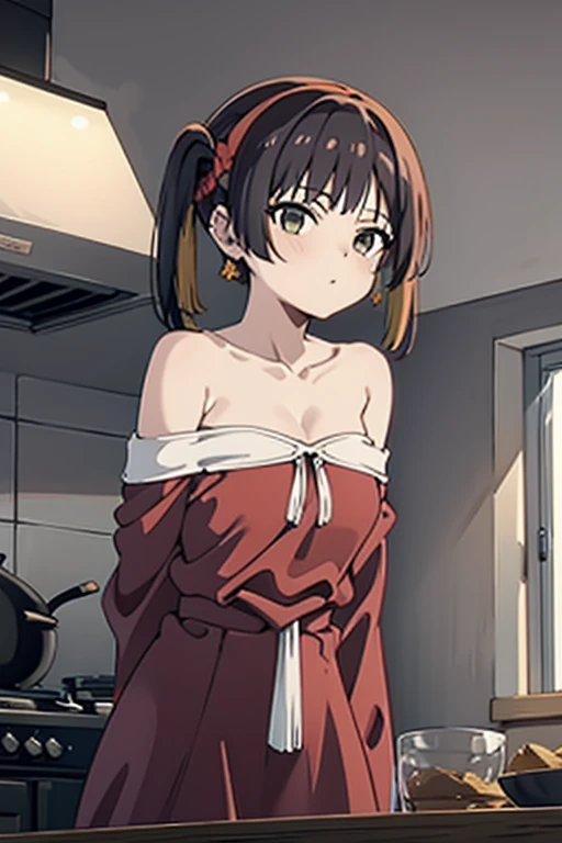 (from below:1.2), (perky chest:1.2), (pointed chest:1.2), 1girl, Bust A Cup, Amazing Cleavage:1.1, thin waist, big ass, Raised sexy, small breast: 1.1 posed cleavage:1.2、solo, looking at viewer, have a cute glass of cute beergrass,black hair, dark green eyes, dress, bare shoulders, jewelry, collarbone, sidelocks, hairband, earrings, indoors, off shoulder, arms behind back, plants, short hair with long locks, gild hairband, off-shoulder dress, sweater dress, off-shoulder sweater, red sweater, dark gord hair, big side hair, very long side hair,is rendered in (masterpiece: 1.2, best quality), with (ultra high resolution) and an exquisite (depth of field). This masterpiece is not only visually stunning but also tells,A scene of cooking in the kitchen
