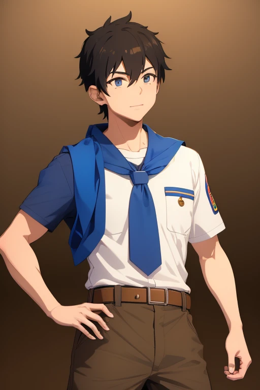 Natsumi Hamasaki from Camp Buddy, 26 years old, dressed in boy scout uniform, black hair, blue eyes, light brown boy scout shirt with medal print, light brown shorts, muscular build, slim black belt and blue scarf.