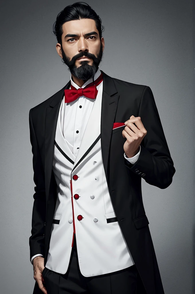 A thin man in white color, short black hair, black beard, black jacket with red details.