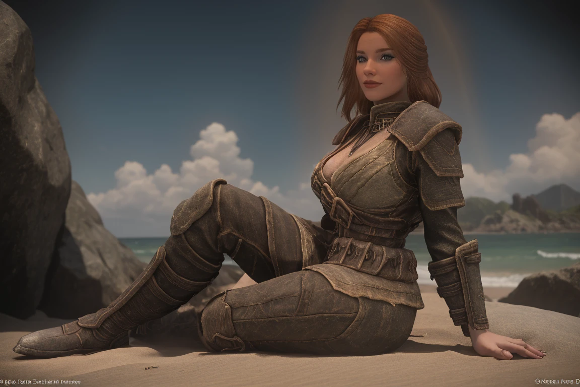 A moody gothic redhead rayneclassic poses seductively against a sunny beach backdrop, illuminated by the soft sun rays at midday. She wears a skimpy black bikini, her fiery locks cascading down her back like a waterfall. The camera captures her sultry gaze, her eyes seeming to pierce through the shadows as she strikes a dramatic pose, one leg bent at the knee, her hand resting on a weathered beach rock., front view, looking at the viewer, Skyrim style