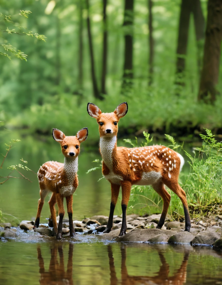 there is a cat and a deer standing in the water, peaceful looking animals, peaceful animals, foxes and deer, wildlife photo, cute animals, wildlife photograph, deers, disney's bambi cat, among foxes and deer, 2 animals, posing for the camera, very clear picture, beautiful nature, on a riverbank, very close to real nature, beautiful and cute
