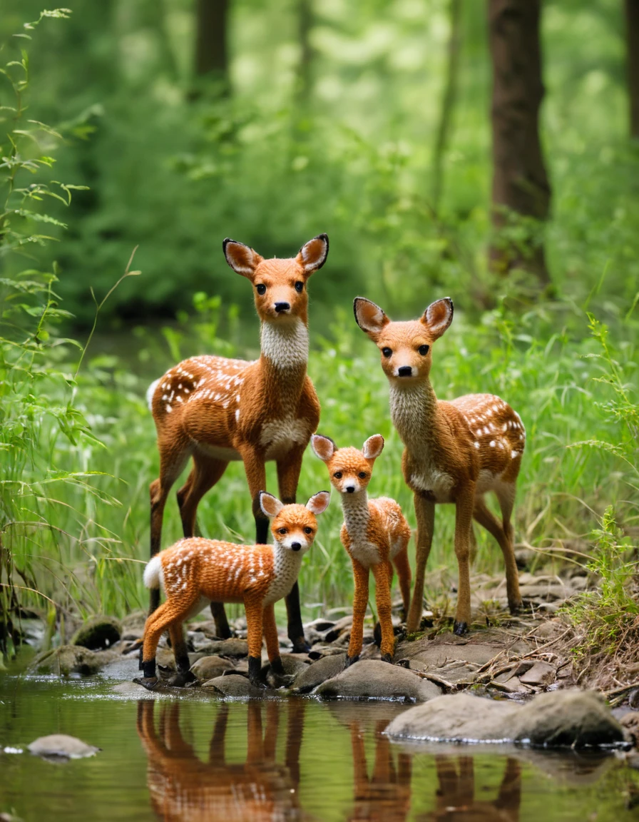 there is a cat and a deer standing in the water, peaceful looking animals, peaceful animals, foxes and deer, wildlife photo, cute animals, wildlife photograph, deers, disney's bambi cat, among foxes and deer, 2 animals, posing for the camera, very clear picture, beautiful nature, on a riverbank, very close to real nature, beautiful and cute