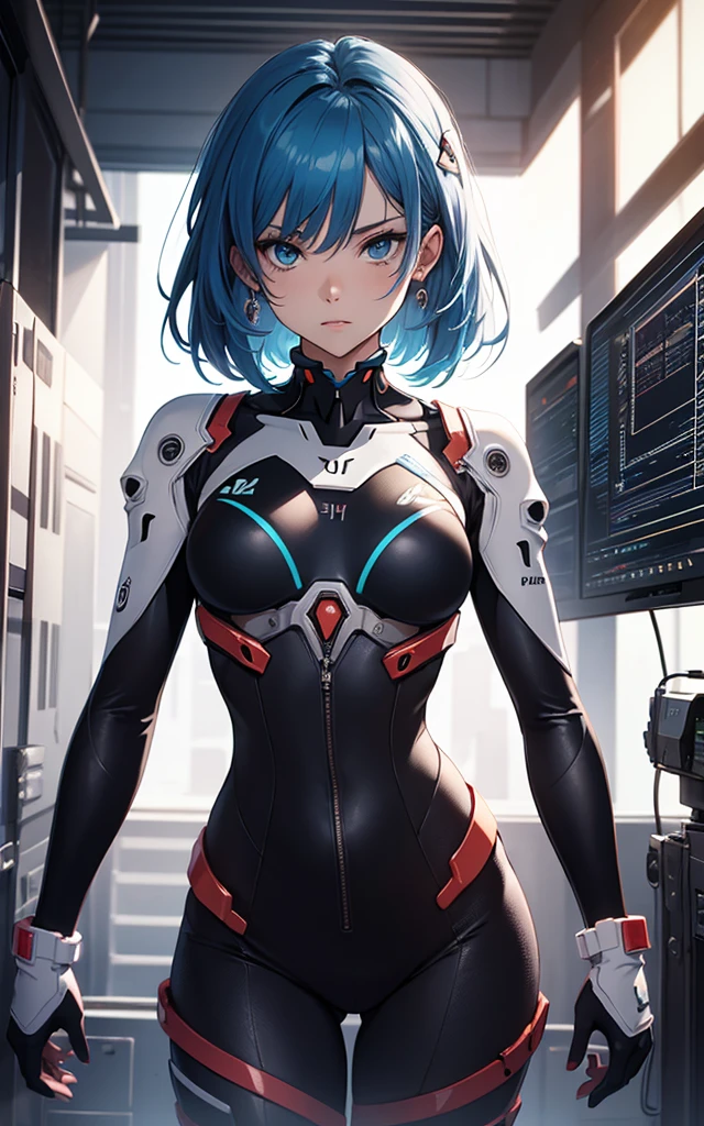 (((Adult Woman))), ((Best Quality)), ((masutepiece)), (Detailed: 1.4), (Absurd), Genesis evangelion neon style clothing, 2-piece clothing, bobhair, arm tatoo, cybernetic hands, pastel, Centered, scale to fit the dimensions, nffsw (High dynamic range),Ray tracing,NVIDIA RTX,Hyper-Resolution,, Anisotropy Filtering, Multilayer textures, accurate simulation of light and material interactions, Perfect proportions, Octane Render, Two-tone lighting, Wide aperture, Crysisnanosuit,Blue hair, Blue eyes