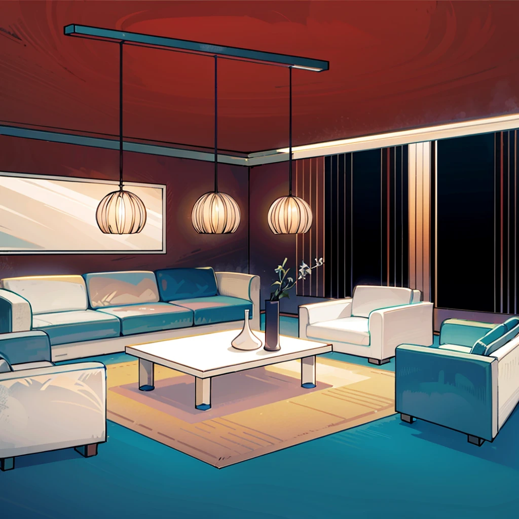 Warm light, realistic, White and light colours, nice painting and végétation on the outside