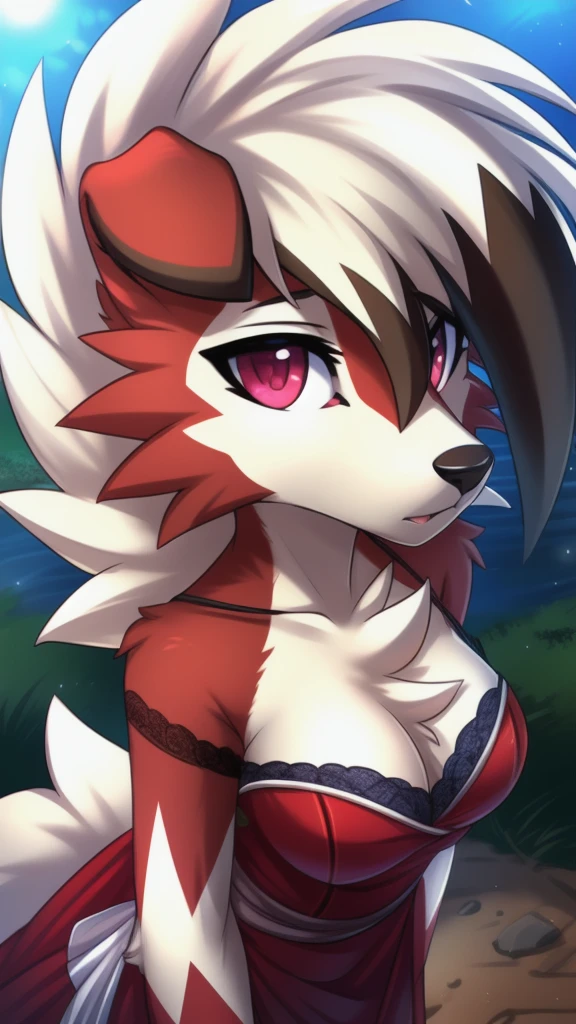 By zinfyuu on pixiv,by twistedscarlet60, uploaded on pixiv, by fluff-kevlar, (masterpiece), (best quality), (anthro furry:1.3, snout:1.2, anthro:1.3, furry:1.2, solo female:1.2),BREAK,pokemon, lycanroc, lycanroc midnight, sfw ,:o, kiss me, close up selfie of lycanroc, wearing dress