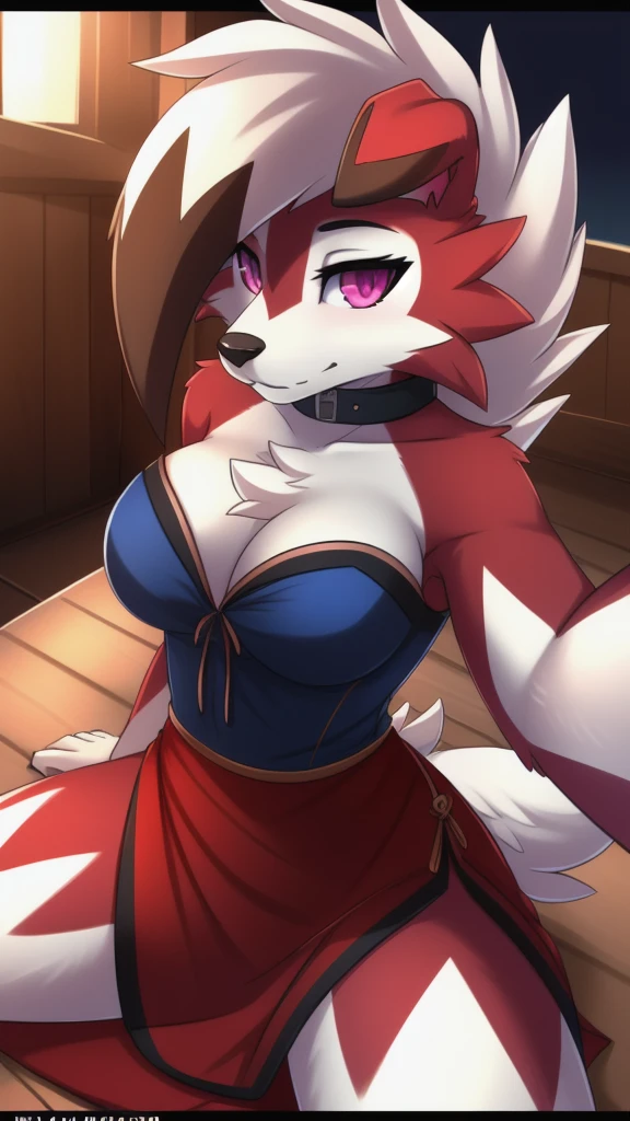 By zinfyuu on pixiv,by twistedscarlet60, uploaded on pixiv, by fluff-kevlar, (masterpiece), (best quality), (anthro furry:1.3, snout:1.2, anthro:1.3, furry:1.2, solo female:1.2),BREAK,pokemon, lycanroc, lycanroc midnight, sfw ,:o, kiss me, close up selfie of lycanroc, wearing dress