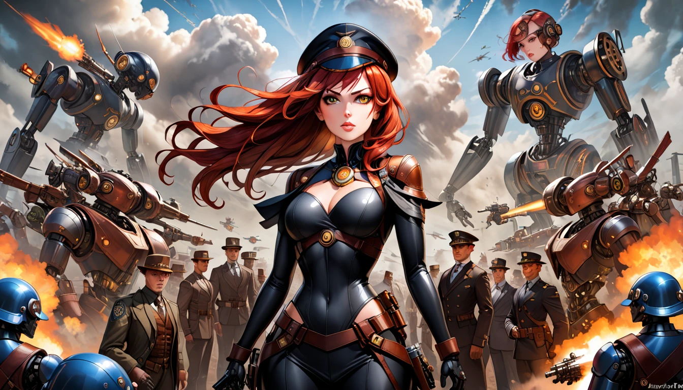 there is a woman standing in front of a group of robots, steampunk male portrait, compositing, beautiful android woman, stormy and grand war scene, inspired by Richard Avedon, a black dieselpunk policewoman, redhead woman, girl in suit, intricate fashion clothing, beautiful female soldier  