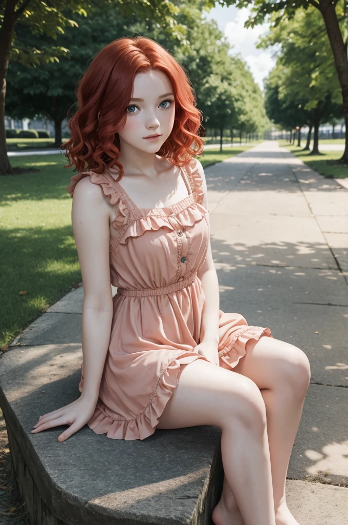 red wavy bob hair, one girl, pale skin, blue eyes, short frilled peach color dress, barefoot, in the park, sitting portrait