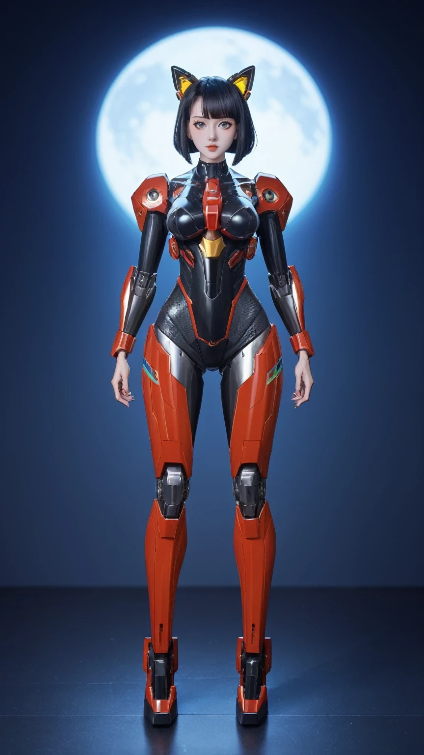 score_9, score_8_up, score_7_up, BREAK,
 a woman in a futuristic suit standing in front of a full moon, girl in mecha cyber armor, fully robotic!! catgirl, female mecha, mecha suit, biomechanical oppai, perfect android girl, cute cyborg girl, trending on cgstation, mechanized valkyrie girl, oppai cyberpunk, cyberpunk anime girl mech, perfect anime cyborg woman