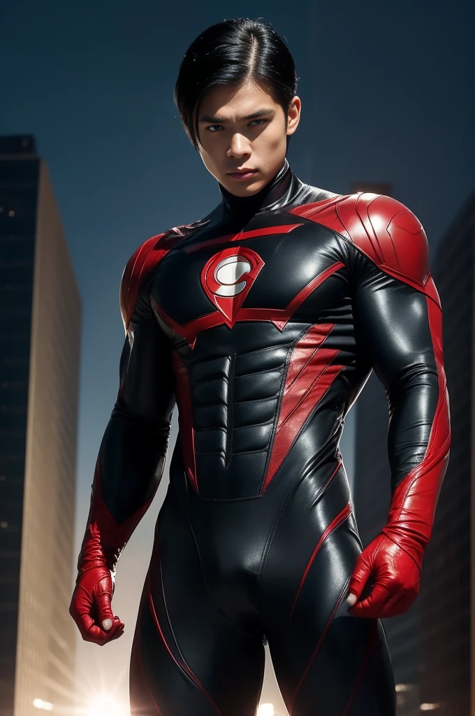 boy, very attractive boy, mexican ethnicity. tan skin, jet black hair, young man, solo, red jacked muscle, beautiful musculature, aesthetic striations, inspirational physique, lean muscle, square pecs, beautiful v-taper, great abs and torso, bright bodysuit, standing front, young superhero (young face) ready to fight, top rated red wears a Bodysuit, very tight bodysuit, chiseled abs, chiseled pecs, with his jet black military haircut and voluminous neck, narrow waist, superhero, white sclera, blue eyes, no horns, brave superhero, human, handsome face, young. City background, skyscraper, futuristic city, night, stars, night lights000. wear mask), skill image, looking to the viewer, hero whose presence inspires trust and respect. (((His hero suit is black and blue.))) (((BACK))) huge and firm muscular thighs, round buttocks and round butt inward with the back, shapely buttocks, firm ass ((firm and shapely buttocks))