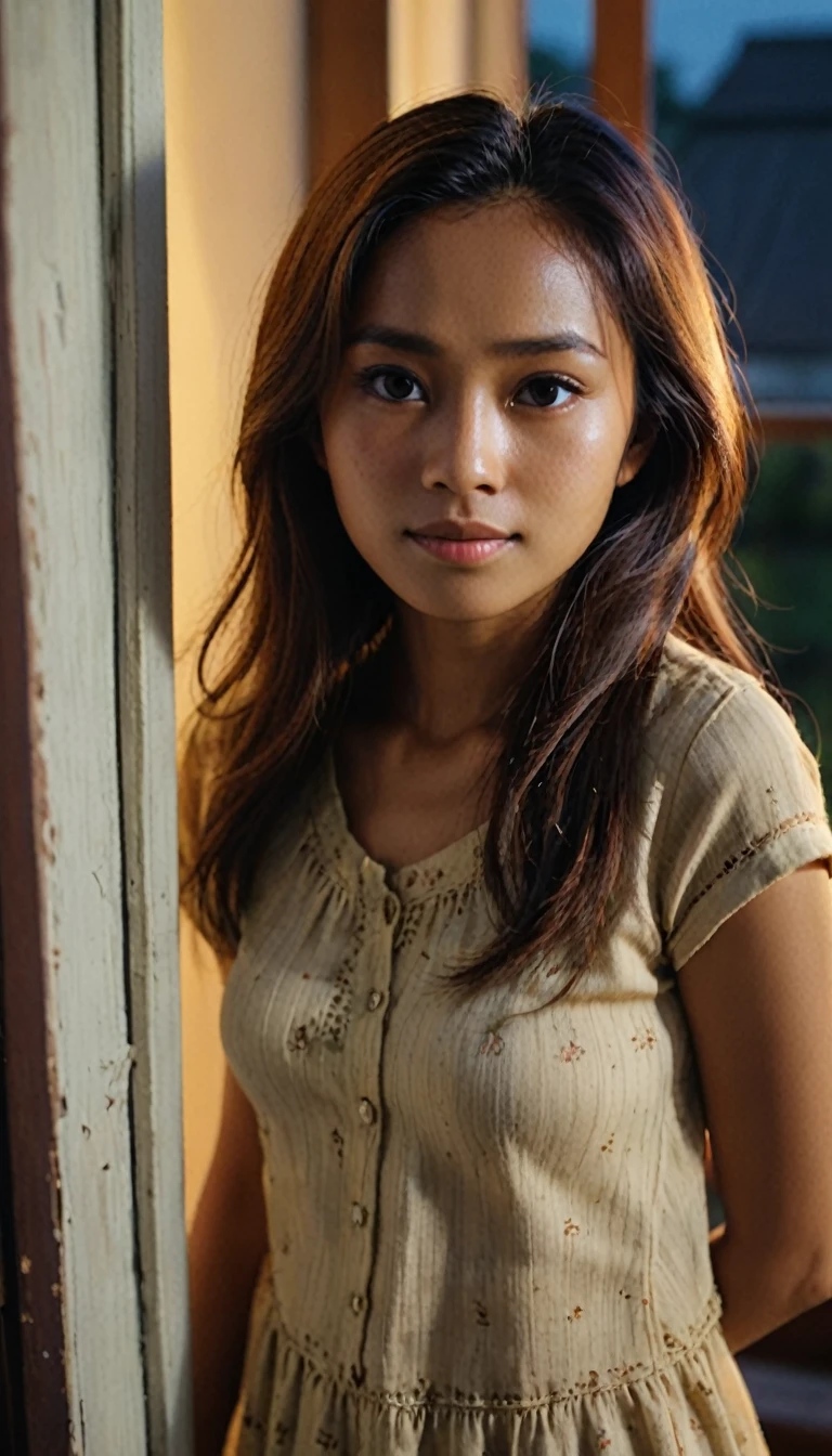 Extreme high angle shot from above of her, Una foto tomada desde (((fuera de la ventana)))a romantic picture of a young Indonesian woman with hair and clothes from the 1970s. The lighting is from the window, natural and soft, illuminating the scene evenly without harsh shadows or highlights. She is standing behind the window inside her house. She is looking directly unto the camera with lost look and a slight smile, (((la foto fue tomada desde el exterior del casa))), with cinematic lighting, professional high definition photography style ,fotorrealista