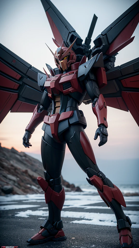 ，Gundam style，Rich in details，Wearing cold weapons，Crimson and black，The original machine，Wings behind，Fighting Stance，3D Model，complex structure